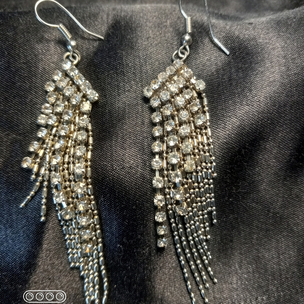 Rhinestone and Silver Dangle Earrings